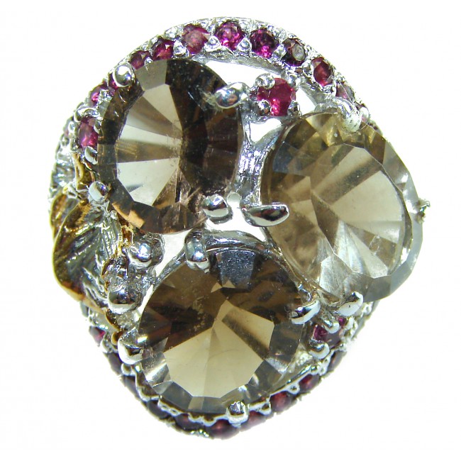 Celestial peace 27.5 carat Champagne Smoky Topaz Ruby .925 Sterling Silver HUGE Ring size 8 - photo 2