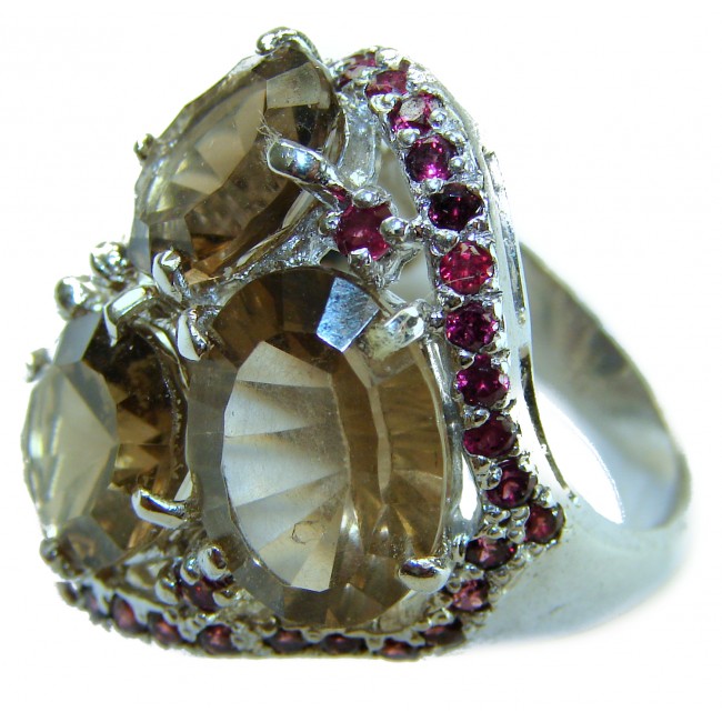 Celestial peace 27.5 carat Champagne Smoky Topaz Ruby .925 Sterling Silver HUGE Ring size 8 - photo 1
