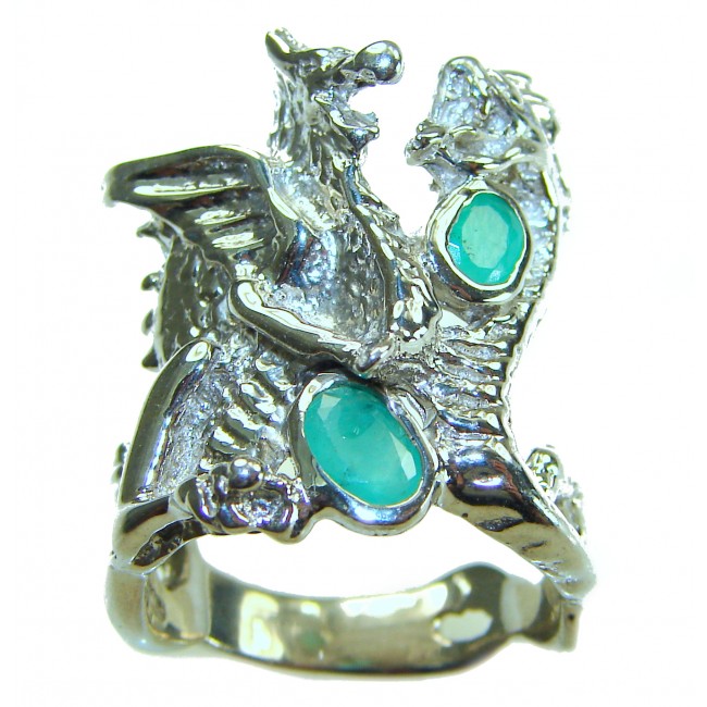 Two fighting dragons 4.8 carat Emerald .925 Sterling Silver handmade Statement Ring size 7 1/4 - photo 3