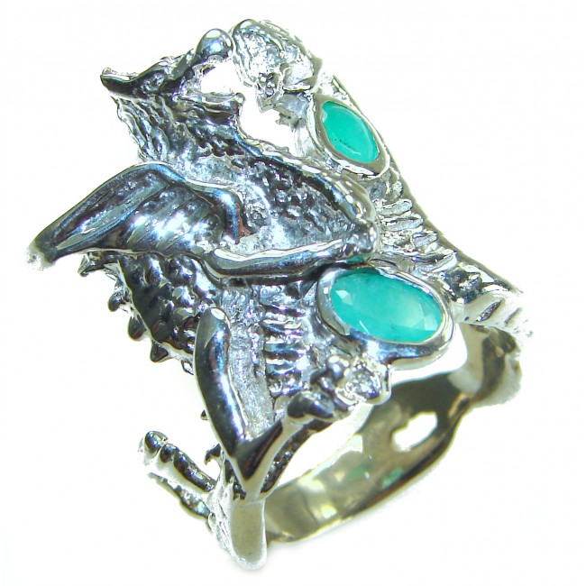 Two fighting dragons 4.8 carat Emerald .925 Sterling Silver handmade Statement Ring size 7 1/4 - photo 2