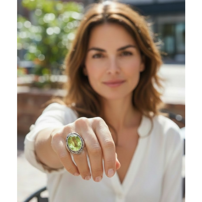 Royalty 18.9 carat authentic Himalayan Peridot .925 Sterling Silver Handcrafted Statement Ring size 6