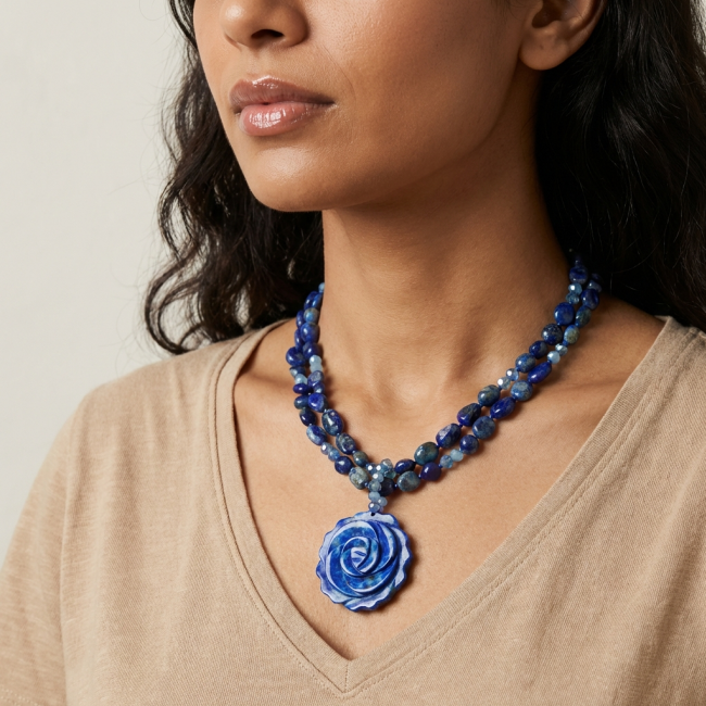 Bohemian style genuine carved Sodalite .925 Sterling Silver Necklace