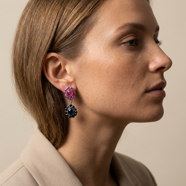 Giovanna - Very Unique - 29.5 carat Sapphire Ruby .925 Sterling Silver dipped in rhodium handcrafted earrings - Side view of earrings with sapphire and ruby worn on ear.