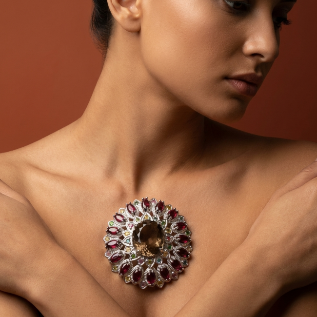 Authentic 45.5 carat carved Smoky Topaz Garnet .925 Sterling Silver handmade Statement Pendant and Brooch - photo 1