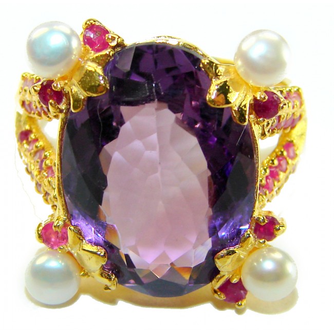 Kaleidoscope 10.5 carat Purple Amethyst 22K Gold over .925 Sterling Silver Handcrafted Ring size 8 3/4