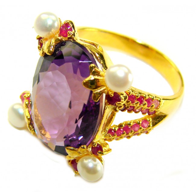 Kaleidoscope 10.5 carat Purple Amethyst 22K Gold over .925 Sterling Silver Handcrafted Ring size 8 3/4