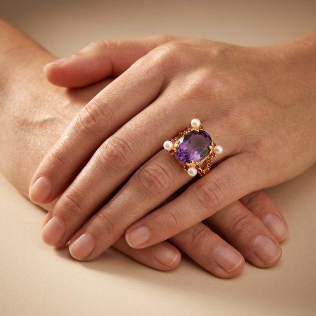 Kaleidoscope 10.5 carat Purple Amethyst 22K Gold over .925 Sterling Silver Handcrafted Ring size 8 3/4