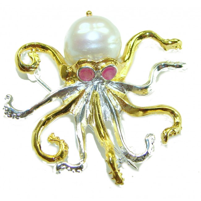 Octopus real Pearl 18K Gold over .925 Sterling Silver handmade Pendant Brooch