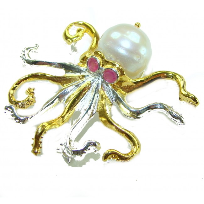 Octopus real Pearl 18K Gold over .925 Sterling Silver handmade Pendant Brooch