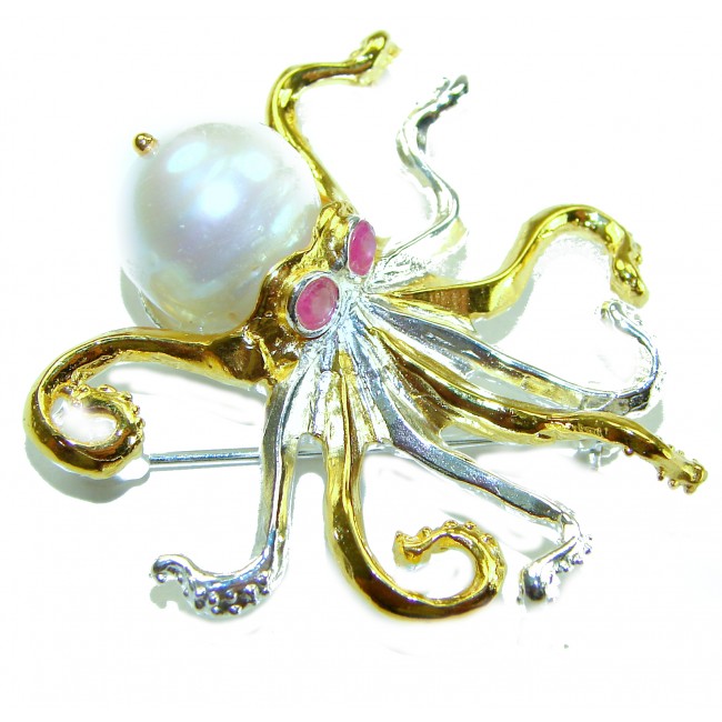 Octopus real Pearl 18K Gold over .925 Sterling Silver handmade Pendant Brooch