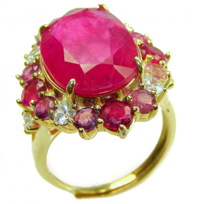 Enchanted Beauty 18.9 carat natural Kashmir Ruby 22K Gold over .925 Sterling Silver Huge handcrafted Ring s. 8 adjustable