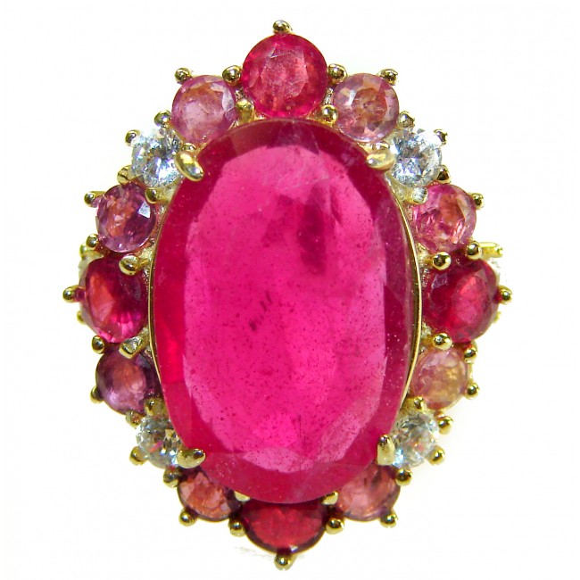 Enchanted Beauty 18.9 carat natural Kashmir Ruby 22K Gold over .925 Sterling Silver Huge handcrafted Ring s. 8 adjustable