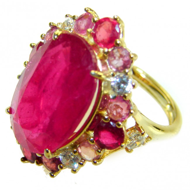 Enchanted Beauty 18.9 carat natural Kashmir Ruby 22K Gold over .925 Sterling Silver Huge handcrafted Ring s. 8 adjustable
