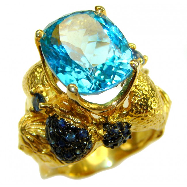 Poseidon 24.8 carat Swiss Blue Topaz 0.7 carat Black Diamond .925 Sterling Silver dipped in 22K Gold handcrafted Large ring size 7