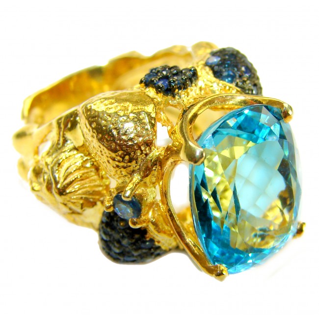 Poseidon 24.8 carat Swiss Blue Topaz 0.7 carat Black Diamond .925 Sterling Silver dipped in 22K Gold handcrafted Large ring size 7