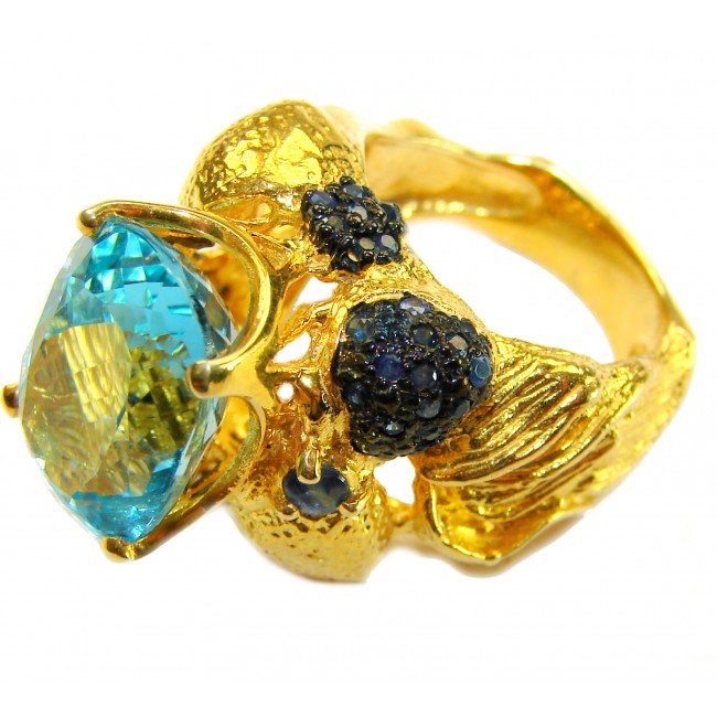 Poseidon 24.8 carat Swiss Blue Topaz 0.7 carat Black Diamond .925 Sterling Silver dipped in 22K Gold handcrafted Large ring size 7