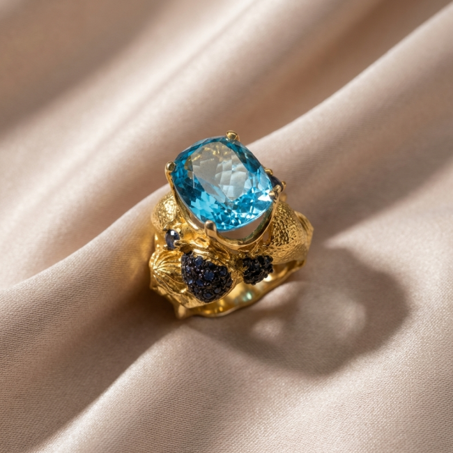 Poseidon 24.8 carat Swiss Blue Topaz 0.7 carat Black Diamond .925 Sterling Silver dipped in 22K Gold handcrafted Large ring size 7