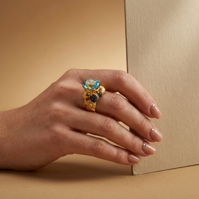 Poseidon 24.8 carat Swiss Blue Topaz 0.7 carat Black Diamond .925 Sterling Silver dipped in 22K Gold handcrafted Large ring size 7