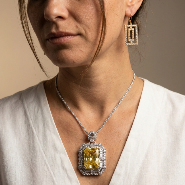 Baquette cut 28.5 carat YELLOW SAPPHIRE .925 Sterling Silver handcrafted necklace - Worn: 28.5 carat yellow sapphire pendant, sterling silver necklace.