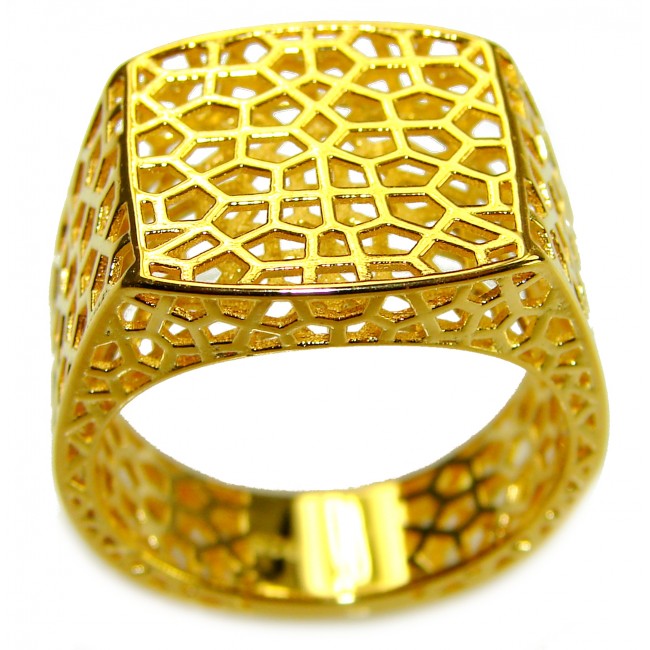 Dubai Style - Golden Signet .925 Sterling Silver dipped in 22K Gold handmade Large ring size 8 - Golden signet ring with geometric design, side angle view.