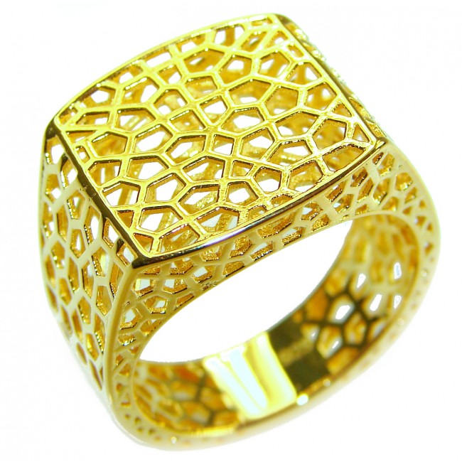 Dubai Style - Golden Signet .925 Sterling Silver dipped in 22K Gold handmade Large ring size 8 - Golden Signet Ring, Dubai Style, top view, intricate lattice design.