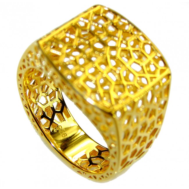 Dubai Style - Golden Signet .925 Sterling Silver dipped in 22K Gold handmade Large ring size 8 - Dubai style golden signet ring side view with intricate lattice design