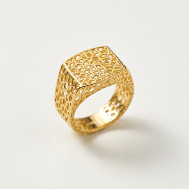 Dubai Style - Golden Signet .925 Sterling Silver dipped in 22K Gold handmade Large ring size 8 - Golden signet ring with intricate pattern, side view, sterling silver base