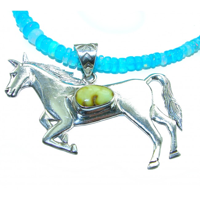 Precious Magic Horse Authentic Corrico lake Turquoise Australian Opal .925 Sterling Silver handmade Statement necklace; 18 - 20 inches long