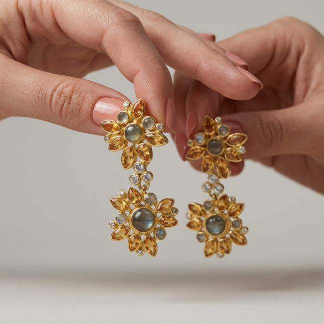 Giovanna 18.5 carat Perfect genuine Labradorite .925 Sterling Silver dipped in 22K Gold handmade earrings