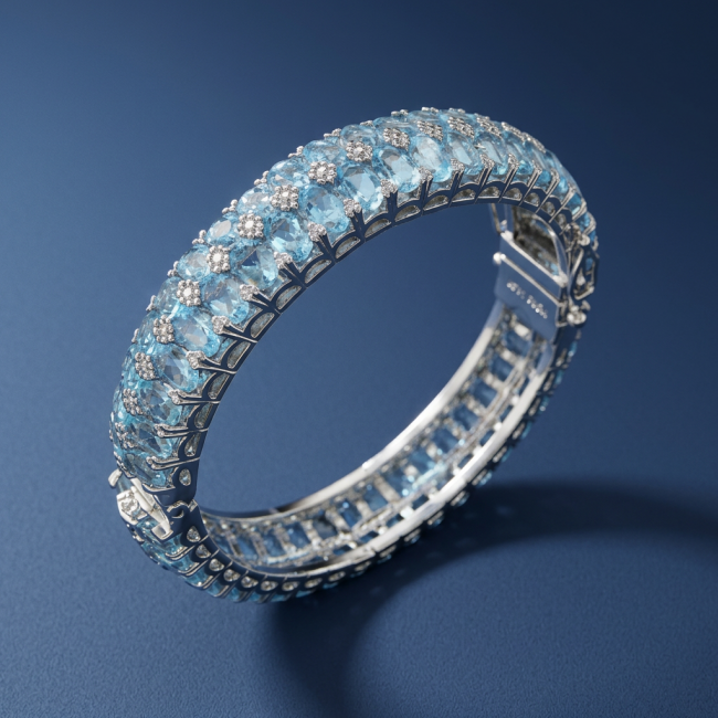 Spectacular authentic 225.5 carat Swiss Blue Topaz .925 Sterling Silver handmade bangle Bracelet