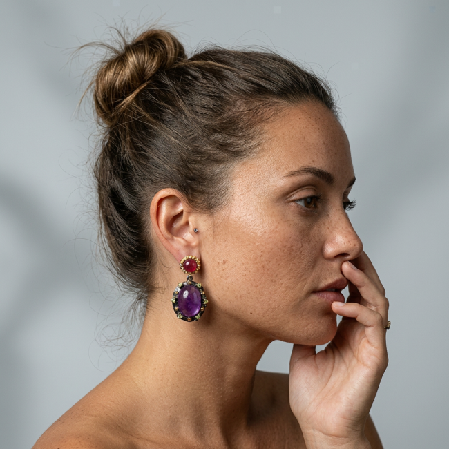 Natural 22.6 carat fancy Amethyst 18K black rhodium Gold over .925 Sterling Silver handmade earrings