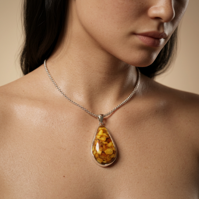 Sea Treasure Prehistoric Authentic Butterscotch Baltic Amber .925 Sterling Silver beautifully handcrafted Huge Pendant