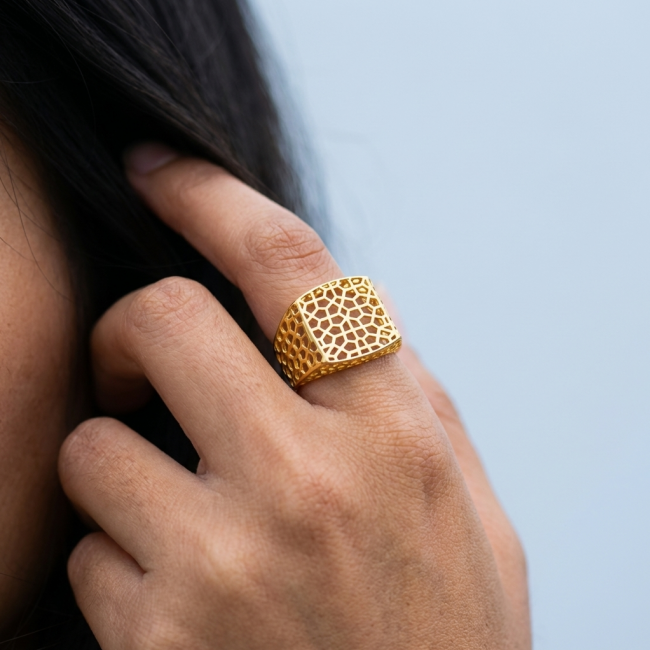 Dubai Style - Golden Signet .925 Sterling Silver dipped in 22K Gold handmade Large ring size 8 - Golden signet ring worn on hand, intricate pattern detail.