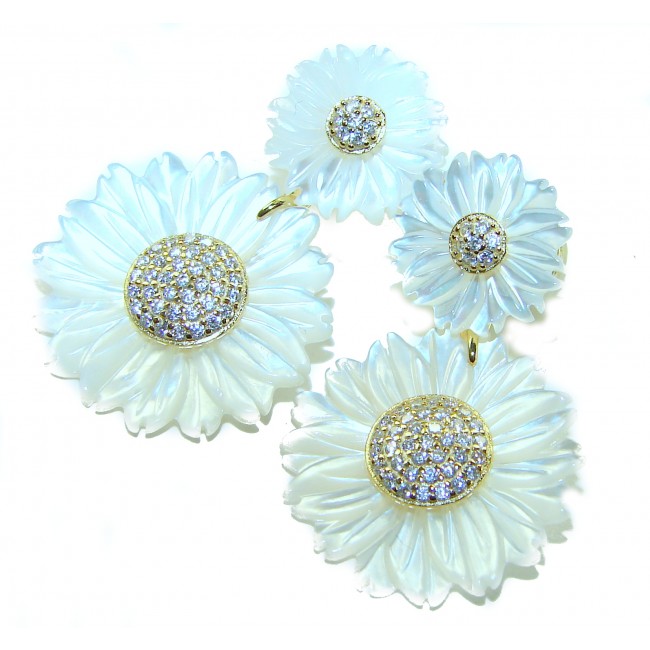 BLOOMING FLOWERS Genuine Blister Pearl 0.2 CARAT lab grown Diamond 18K Gold over .925 Sterling Silver handcrafted Statement Earrings - photo 2