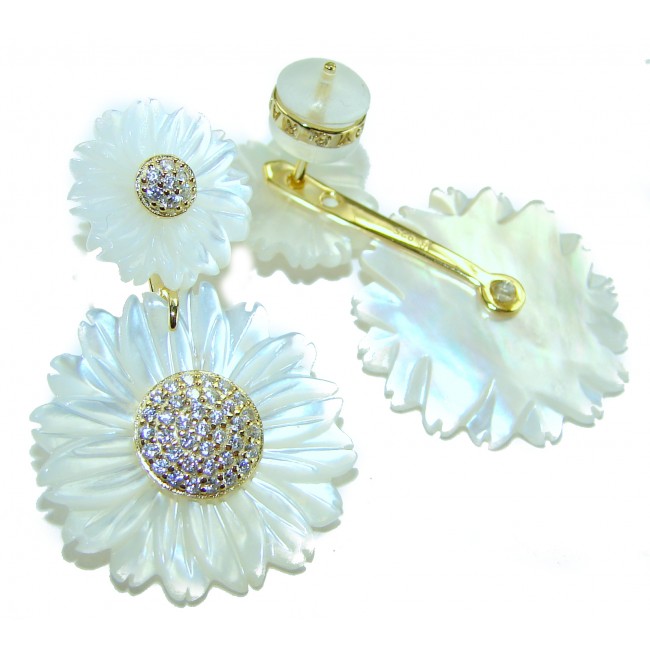 BLOOMING FLOWERS Genuine Blister Pearl 0.2 CARAT lab grown Diamond 18K Gold over .925 Sterling Silver handcrafted Statement Earrings - photo 1