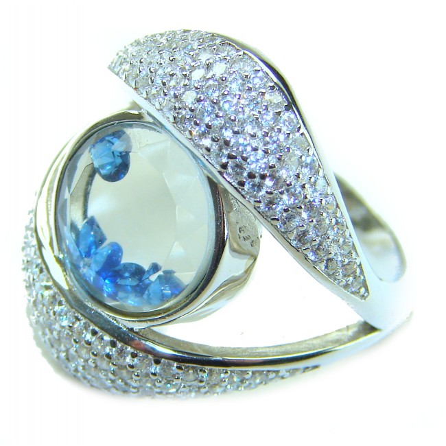 Floating Memories 12.5 carat Sapphire .925 Sterling Silver Handcrafted Ring size 8 - Sapphire silver ring close-up with diamond accents