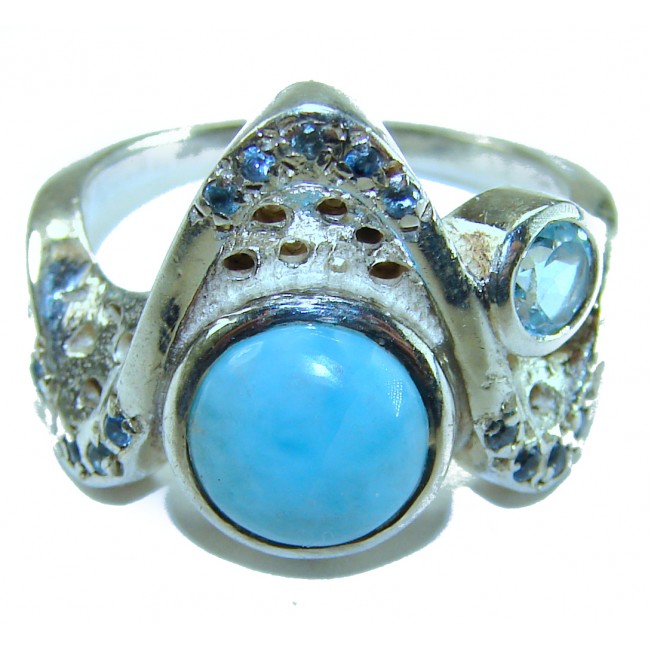 Blue Perfection AUTHENTIC Larimar .925 Sterling Silver handmade Large ring size 7 1/2 - Close-up of Larimar .925 sterling silver ring with blue stones.