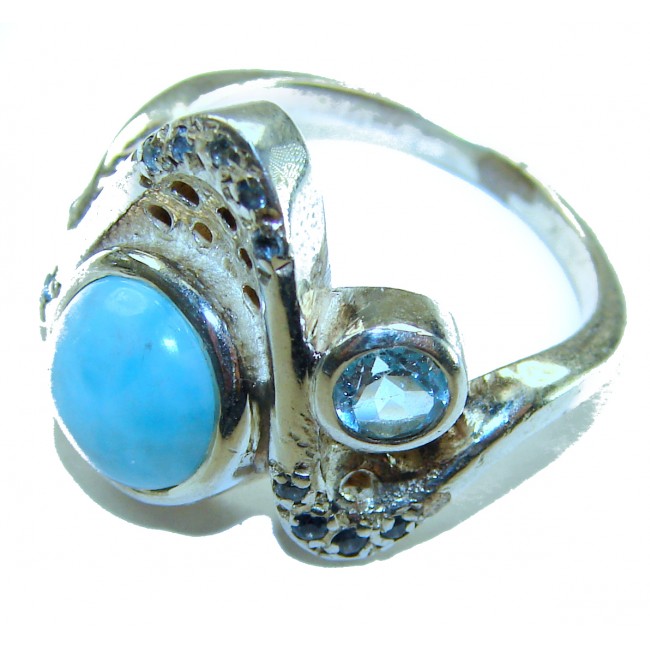 Blue Perfection AUTHENTIC Larimar .925 Sterling Silver handmade Large ring size 7 1/2 - Close-up of Larimar and blue stone sterling silver ring.