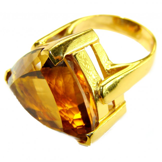 GIOVANNA 48.8 carat Genuine TRILLION CUT Heliodor 22K Gold over .925 Sterling Silver handcrafted ring size 7