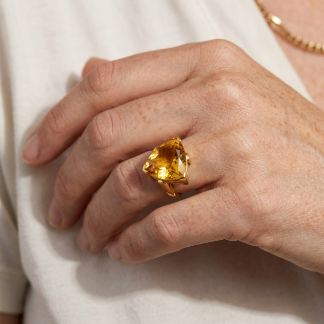 GIOVANNA 48.8 carat Genuine TRILLION CUT Heliodor 22K Gold over .925 Sterling Silver handcrafted ring size 7