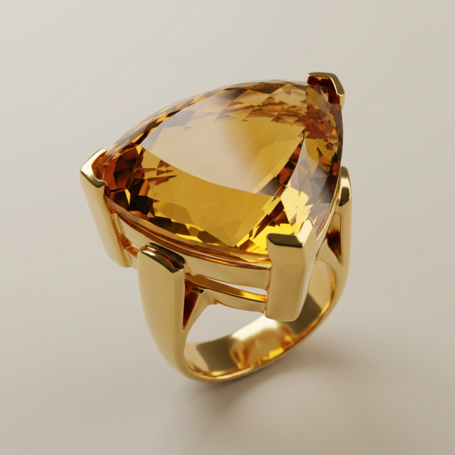 GIOVANNA 48.8 carat Genuine TRILLION CUT Heliodor 22K Gold over .925 Sterling Silver handcrafted ring size 7