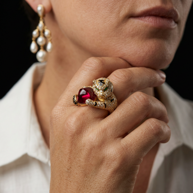 GEPHARD Genuine 10.5 CARAT Ruby black enamel .925 Sterling Silver dipped in 22K Gold Large Statement Ring size 6 1/4