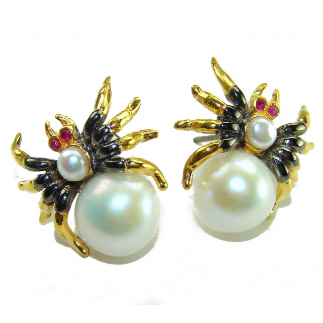Spider Genuine Pearl 14K Gold rhodium over .925 Sterling Silver handcrafted Statement Earrings