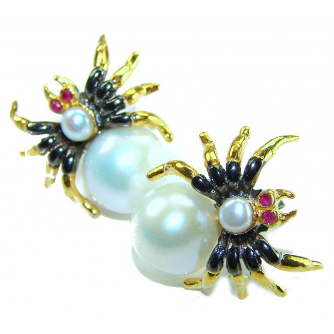 Spider Genuine Pearl 14K Gold rhodium over .925 Sterling Silver handcrafted Statement Earrings