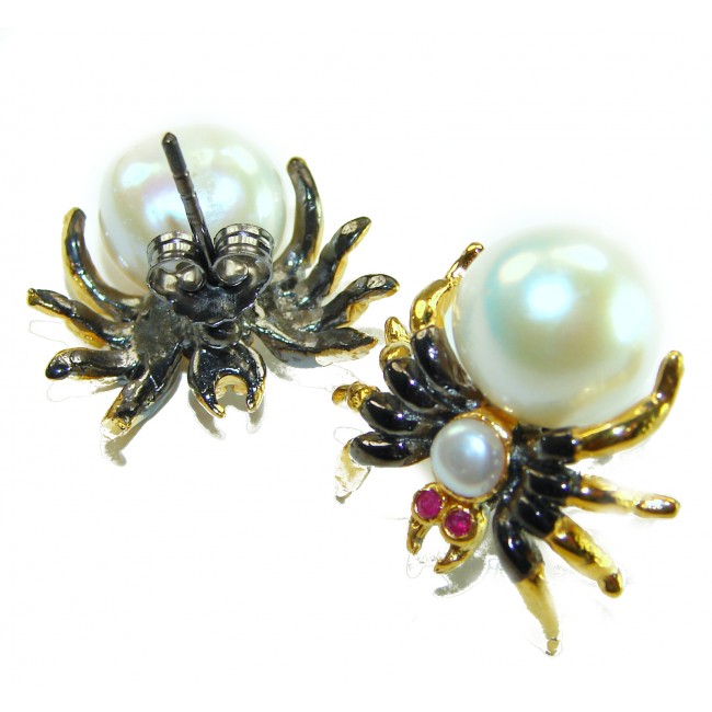 Spider Genuine Pearl 14K Gold rhodium over .925 Sterling Silver handcrafted Statement Earrings