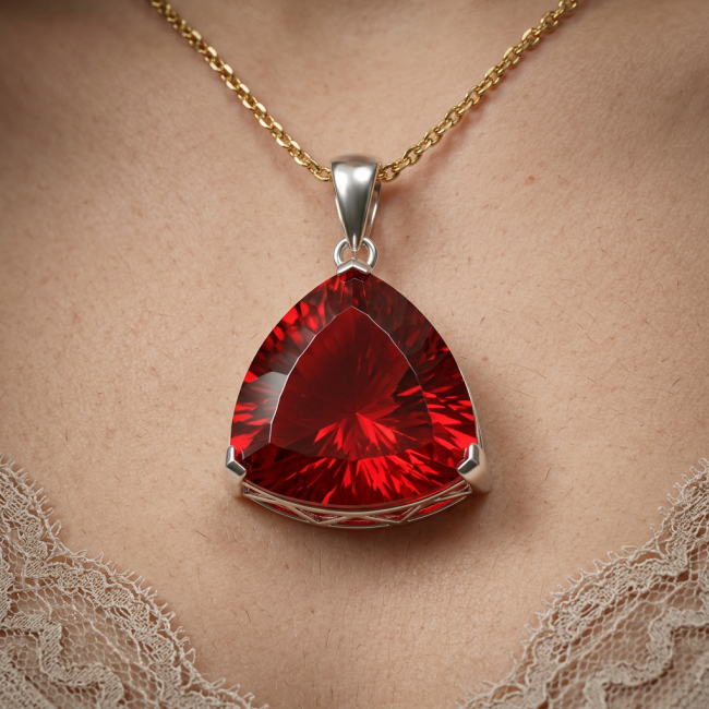 Trillion Cut Perfect 44.5 carat Volcanic Helenite .925 Sterling Silver handcrafted Pendant