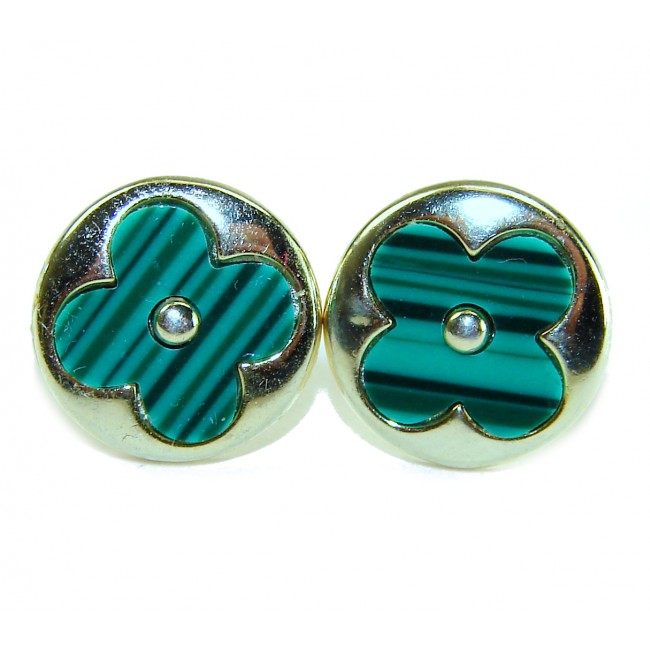 Outstanding inlay authentic Malachite Lucky Four Leaf Clover .925 Sterling Silver Earrings