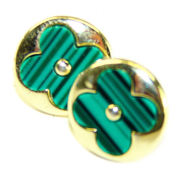 Outstanding inlay authentic Malachite Lucky Four Leaf Clover .925 Sterling Silver Earrings