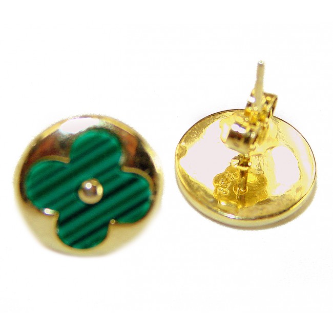 Outstanding inlay authentic Malachite Lucky Four Leaf Clover .925 Sterling Silver Earrings