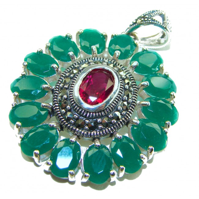 Circle of Life 15.2 carat authentic Ruby Emerald .925 Sterling Silver handmade Pendant - Close-up of Circle of Life pendant with ruby and emerald stones